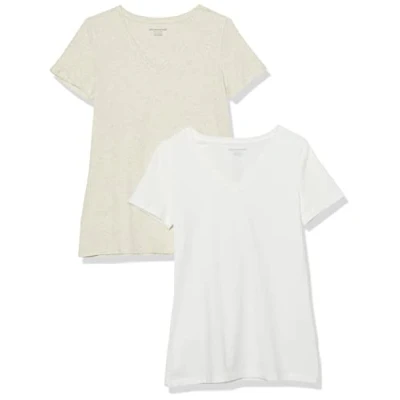 Image of Amazon Essentials Women&#039;s Regular Fit Short Sleeve V Neck T Shirt, Pack of 2, Oatmeal Heather/White, XL