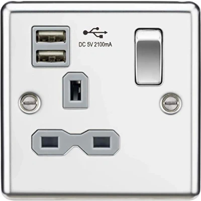 Image of 13A 1G Switched Socket Dual USB Charger Slots with Grey Insert Rounded Edge Polished Chrome