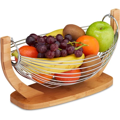 Image of Relaxdays Fruit Basket, Banana Hammock, Vegetable Bowl, Bamboo &amp; Stainless Steel, HxWxD: 18.5x38x23 cm, Natural/Silver 10028850