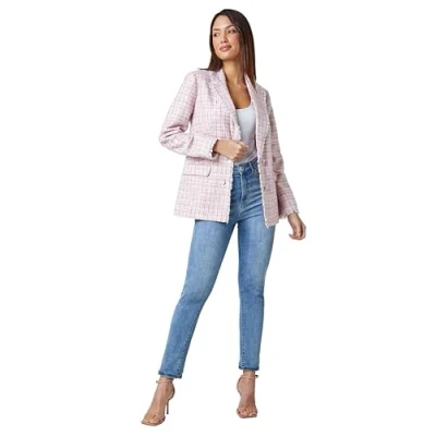 Image of Roman Originals Textured Check Boucle Blazer Jacket for Women UK Ladies Everyday Holiday Spring Summer Comfy Soft Evening Vacation Work Party Pink Size 16