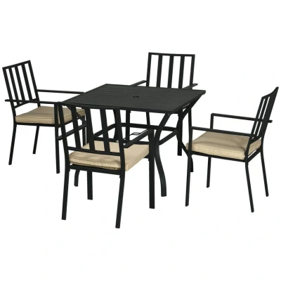Image of Outsunny 5 Pieces Garden Dining Set with Cushions, Outdoor Patio Table and 4 Stackable Chairs, Metal Top Umbrella Hole, Black