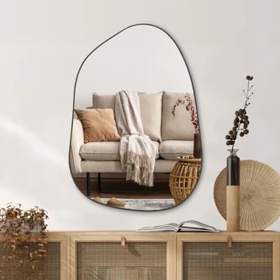Image of PERFNIQUE Irregular Wall Mirror Asymmetrical Mirror, 71 x 50 cm Black Wood Framed for Bathroom Bedroom Living Room Entryway, Decorative Modern Decor (Black, cm)