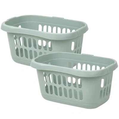 Image of [Set of 2] Large 60L Laundry Basket Hamper Plastic Hipster Clothes Washing Bedding Linen Storage Silver Sage (Hipster Basket)