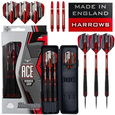 Image of Harrows Ace Rubber Brass Steel Tip Darts Set 20g, 22g, 24g &amp; 26g Includes Supergrip Shafts, Micron Marathon Flights Convenient Travel Case