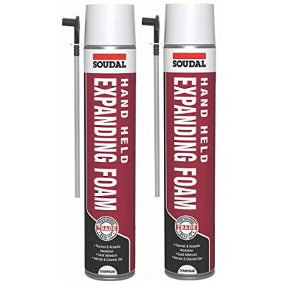 Image of Soudal 750ml Champagne Gap Filler Expanding Foam Handheld Spray with Nozzle &amp; Gloves (1)