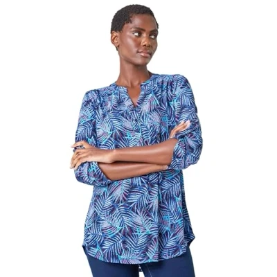 Image of Roman Originals Shirt for Women UK Ladies Top Collarless Blouse Stretchy Tunic Smart Casual Autumn Winter Jersey 3/4 Length Sleeve Notch V Neck Flattering Office Work Blue Purple Size 10