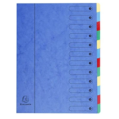 Image of Exacompta Ref 5112E Harmonika Multipart File 24.5 x 32cm in Size, Suitable for A4 Documents, 12 Multi Coloured Tabbed Sections, Premium Pressboard Cover Blue