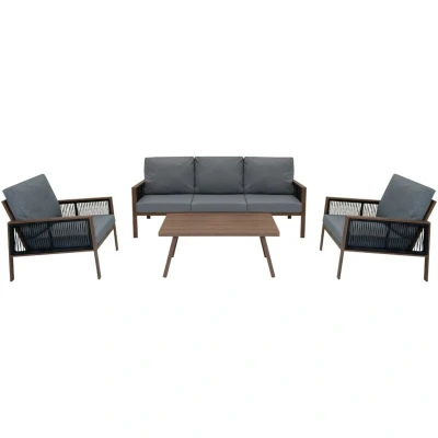 Image of Garden Aluminium Furniture Set 5 Seat Wood Effect 4 Piece Rattan Alternative Outdoor Patio Dining 3 Seater Sofa 2 Armchairs Coffee Table Weather Proof Cushions Washable Covers Waterproof Rain Cover