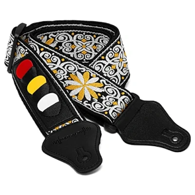 Image of World Rhythm Guitar Strap Floral Yellow Embroidered Cotton for Electric, Acoustic, Classical and Bass Guitars with Pick Holder Picks