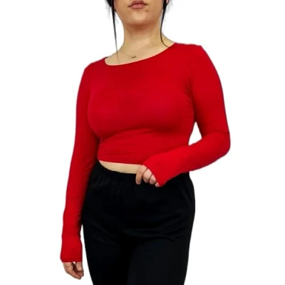 Image of Womens Crop Long Sleeve T Shirt Ladies Short Plain Basic Round Neck Shirts Top 8 14 Red