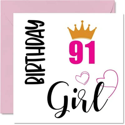 Image of 91st Birthday Card for Women Girl Happy Cards 91 Year Old Woman Great Grandma Nanny Step Mum Auntie, 145mm x Ninety One First Bday Greeting Gift