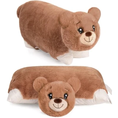 Image of BRUBAKER Cuddly Animal Pillow Bear 2 in 1 Teddy and 15.7 x 11.8 inches (40 30 cm) Plush Foldable Kids Soft Toy Brown