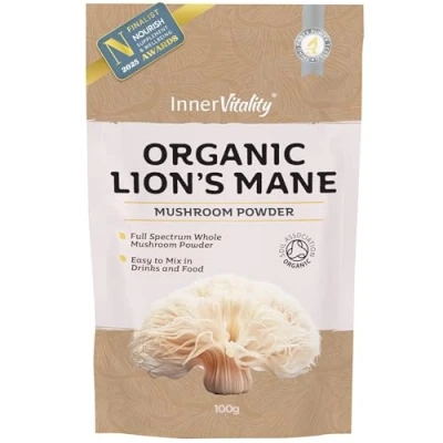 Image of Organic Lions Mane Mushroom Powder 100g High Strength Full Spectrum Supplement to Support Brain &amp; Mental Performance by Inner Vitality, 100.00 g (Pack of 1)