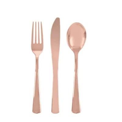 Image of Rose Gold Solid Assorted Plastic Cutlery Classy &amp; Elegant Flatware Design Perfect for Parties, Weddings Events 18ct
