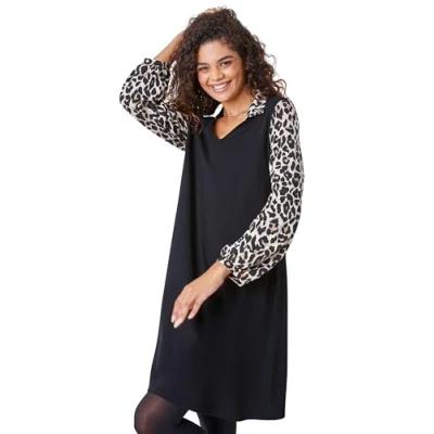 Image of Roman Originals Contrast Animal Print Swing Dress for Women UK Ladies Everyday Holiday Autumn Winter Pull On V Neck Long Sleeves Comfy Soft Vacation Work Black Size 16