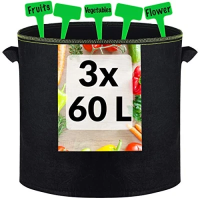 Image of Praknu Large 60L Geotextile Planting Bags with Handles, Nonwoven Fabric, Black, 60 l