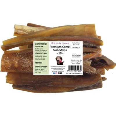 Image of 10 Premium Camel Skin Strips for Dogs by Britten and James (350g approx). Natural, Grain Free, Long Lasting Dental Chew Treat