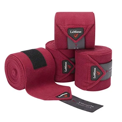 Image of LeMieux Classic Polo Full Exercise Bandages in Mulberry with Zipped Case Soft Fleece Protection Wraps 3.8 m Long Pack of 4