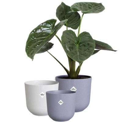 Image of elho Jazz Round Flower Pots Indoor Plant 100% Recycled Plastic Unique Structure Set of 3 Ø 14, 16, 19 cm Purple/Lavender Lilac