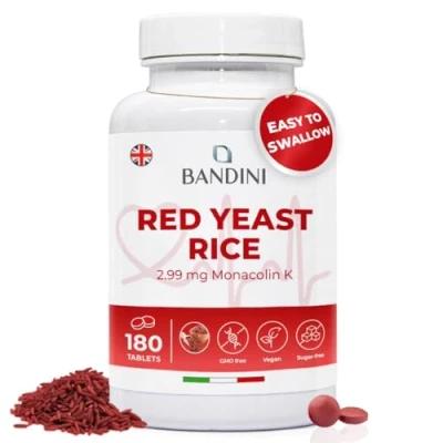 Image of Bandini® red Yeast Rice from Monascus purpureus 99.7mg 2.9mg Monacolin K No fillers, Vegan, Non GMO, Laboratory Tested Tablets (180 Count (Pack of 1))