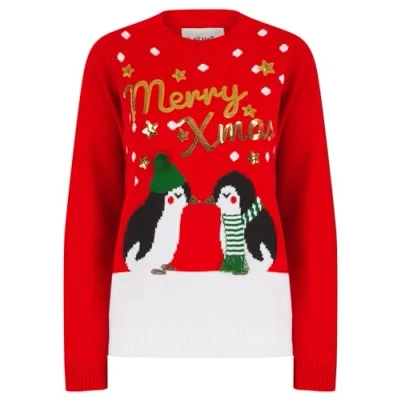 Image of Tokyo Laundry &#039;Merry Christmas&#039; Kissing Penguin Sequinned Novelty Knitted Xmas Jumper Red