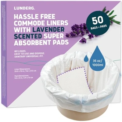 Image of Lunderg Commode Liners with Lavender Scented Absorbent Pads Value Pack Medical Grade 50 Count Universal Fit Disposable Bedside and for Adult Chairs &amp; Portable Toilets