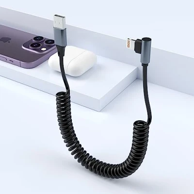 Image of Coiled Lightning Cable for Apple Carplay, 90 Degree iPhone Data iPhone/Pad/Pod, [Apple MFi Certified] Short Retractable Charging Cord Car