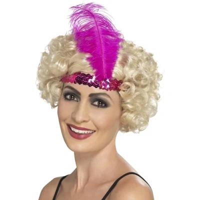 Image of Smiffys Flapper Headband, Pink with Feather, 1920&#039;s Razzle Fancy Dress, Adult Dress Up Accessories
