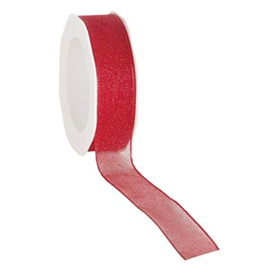 Image of Red Glitter Organza Ribbon with Wire Edge 25mm x 1 Metre Cut from roll Ideal for Christmas or Decoration!