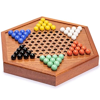 Image of Yellow Mountain Imports Wooden Chinese Checkers Halma Board Game Set (32.1 centimeters) with Storage Drawer and Solid Color Glass Marbles (16 millimeter)