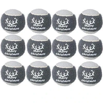 Image of AB Tools Rosewood 12PK Dog Festive Grey &#039;Merry Christmas&#039; Tennis Ball in Gift Box 6cm