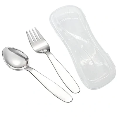 Image of VANRA 2 Pieces Children Fork Spoon Set with Travel Case for Lunch Box, 18/8 Stainless Steel Kids Silverware Flatware Utensil School, 5.9in (Fork Spoon)
