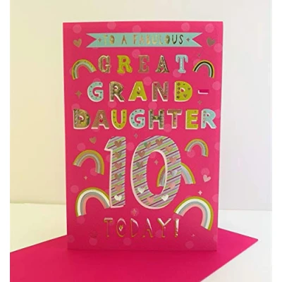 Image of ICG Fabulous Great Granddaughter Age 10 Today Birthday Card Rainbows Hearts