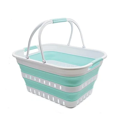 Image of SAMMART 29L Collapsible Tub with Handle Portable Outdoor Picnic Basket/Crater Foldable Shopping Bag Space Saving Storage Container (White/Lake Green)