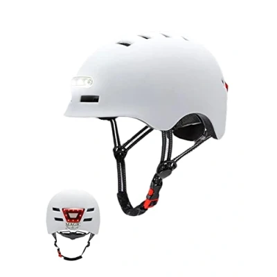Image of Bike Helmet or Electric Scooter with Red Warning Light + White Front Light. MTB Cycling Helmet, Bicycle, Skate; Lightweight Removable Lining, PC EPS Shell, 14 Vents and USB Charging Cable.