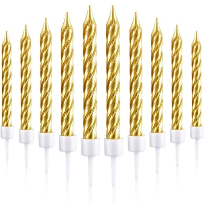 Image of Blulu 50 Pieces Spiral Cake Candles in Holders Metallic Cupcake Short Thin for Birthday Wedding Party Decorations (Gold)