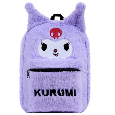 Image of Hello Kitty Fluffy Girls Backpack Cute Plush Kawaii Rucksack Kids Teens Travel Fashion Daypack Bag, Anime Gifts (Purple Kuromi)