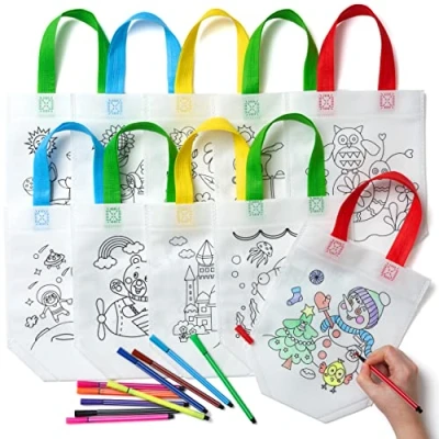 Image of THE TWIDDLERS 10 Kids Colour in Bags, Paint Your Own Gift Bag for Kids, Eco Non Woven Reusable and Washable Bags with Colouring Pens, DIY Party Birthday Assorted Designs, 25cm x 22cm