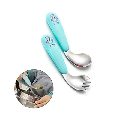 Image of Baby Utensils Spoon Fork Set Feeding Training Easy Grip Stainless Steel Curved Heat Resistant Handle, Self Learning (Green)