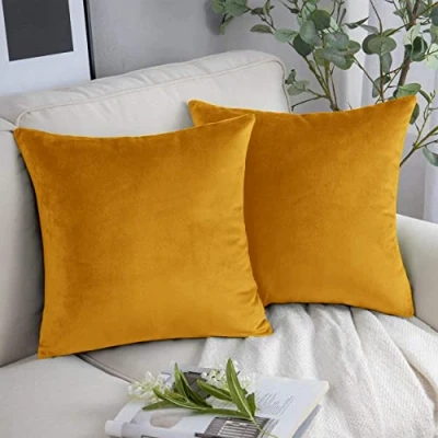 Image of YORKSHIRE BEDDING Cushion Covers 45 x (Pack of 2) Decorative Velvet Square Throw Pillow Cases (18x18 Inches) Luxury Soft Cover for Sofa Couch Bedroom with Invisible Zipper (Ochre)