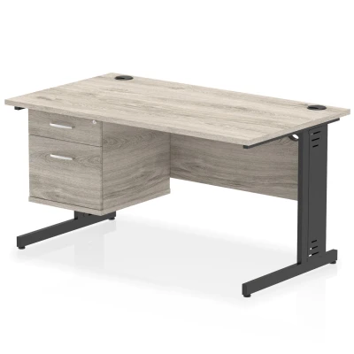 Image of Impulse 1400x800 Desk Grey Oak/Black Cable Managed Leg 2 Dr Fixed Ped
