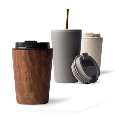 Image of MAMEIDO Coffee Cup Travel Mug 350ml, 470ml &amp; 700ml Leakproof Mug, Stainless Steel Mugs for Hot Drinks BPA Free (Oak Wood, 0,35l)