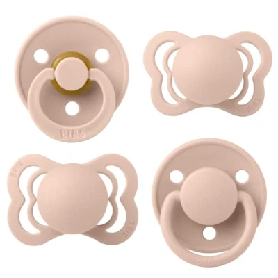 Image of BIBS Try it Soother 4 Pack. BPA Free, Round, Symmetrical and Orthodontic Nipple. Natural Rubber/Silicone, Size 1 (0 6 Months), Blush