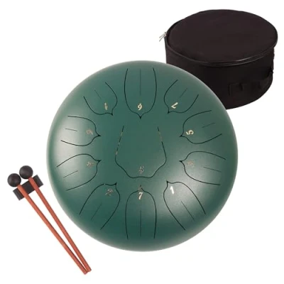 Image of Lomuty 12 Inches 30 CM Steel Tongue Drum 11 Notes C Major Tuned Percussion Instrument Handpan with Bag, Music Book, Mallets and Finger Picks(Green)