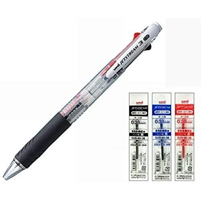 Image of Uni Ballpoint Pen Jetstream 3 Color Black Red Blue Ink 0.38mm Transparent (SXE340038.T)+ 0.38 Refill