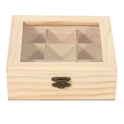 Image of Hagsnec Wooden Tea Bag Jewelry Organizer Chest Storage Box 9 Compartments Wood Sugar Packet Container