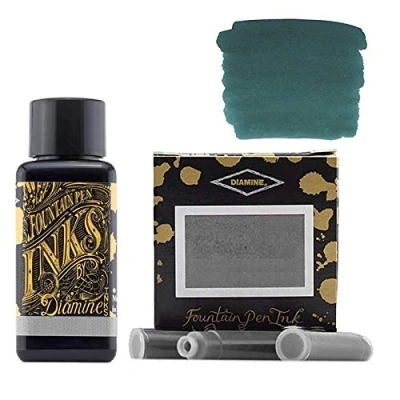 Image of Diamine 30ml Teal fountain pen ink bottle + cartridges 6 pack