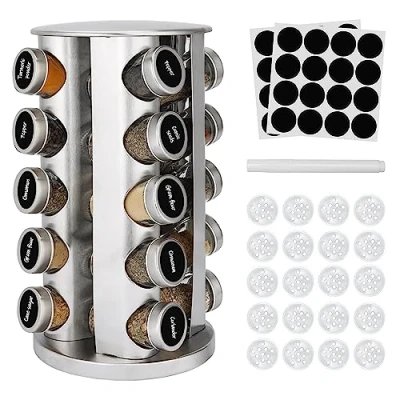 Image of BELLE VOUS Rotating Spice Rack with 20 Glass Jars, Lids, Pen &amp; Labels Stainless Steel Revolving Storage Organiser Seasoning Carousel for Kitchen Cabinet or Countertop 360 Rotation