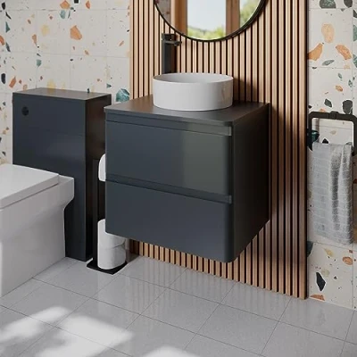 Image of Affine® 600mm Vanity Unit Bathroom Wall Mounted Storage Cabinet Cupboard Cloakroom, Soft Close Drawers, Lyon White Countertop Basin Sink, Anthracite Matt
