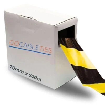 Image of Gocableties Black/Yellow Barrier Tape 70mm x 500m Non Adhesive Warning Box Roll
